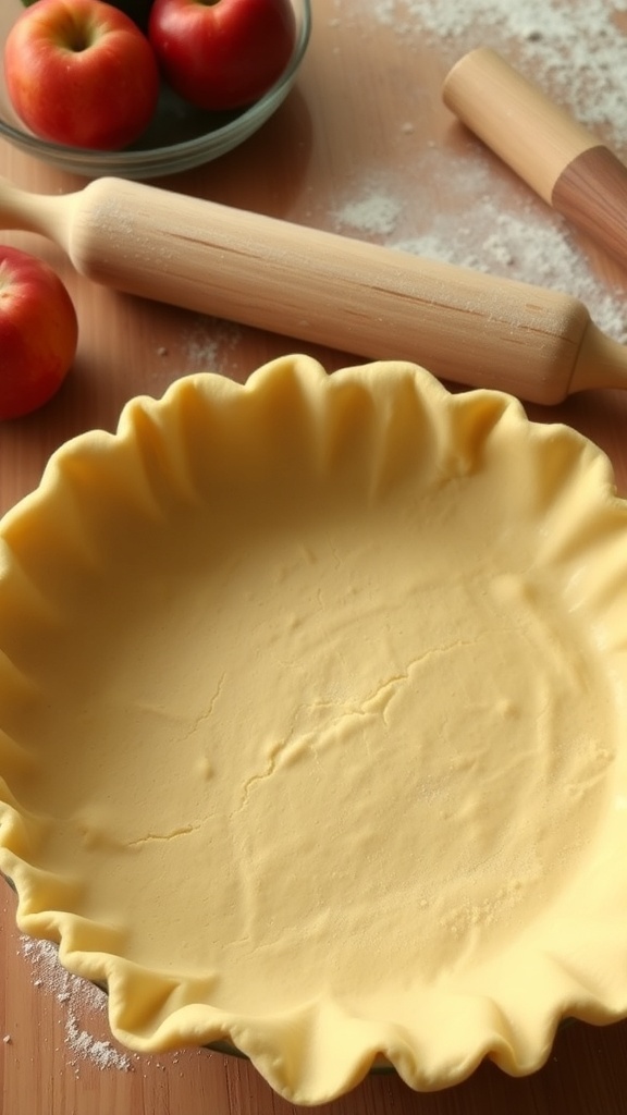 Golden brown pie crust on a wooden countertop with fresh fruits and a rolling pin.